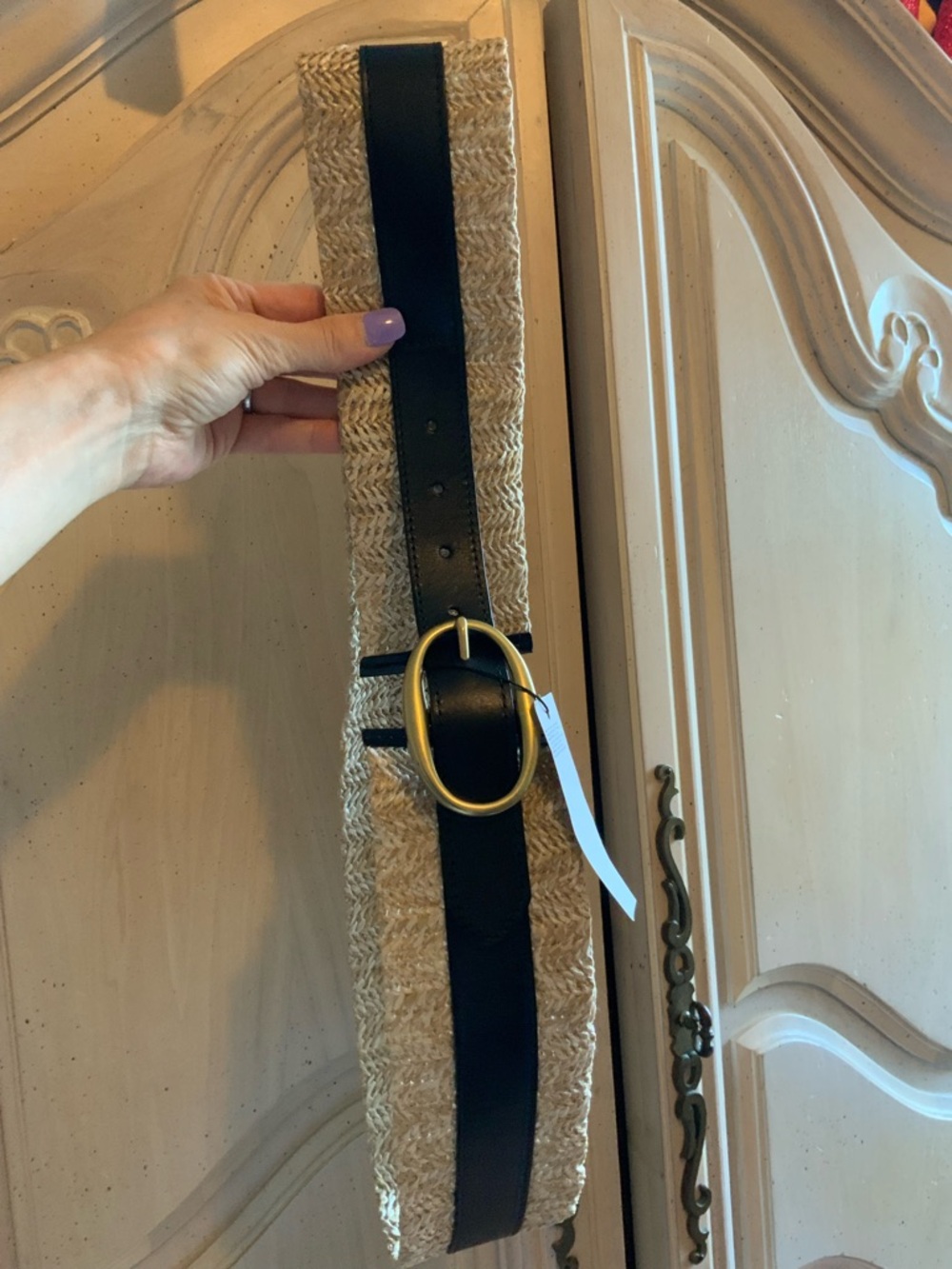 White House Black Market Brown Leather and Raffia Belt with Gold Buckle